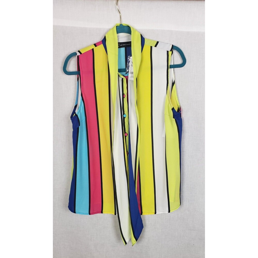 New York & Company Blouse Top LP Striped Sleeveless Button Colorful Casual Artsy